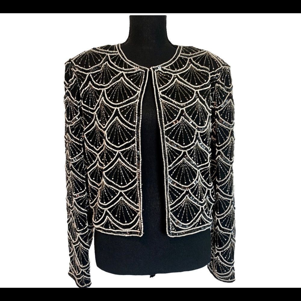 Laurence Kazar beaded sequin faux pearl silk vintage 80’s 90’s evening jacket